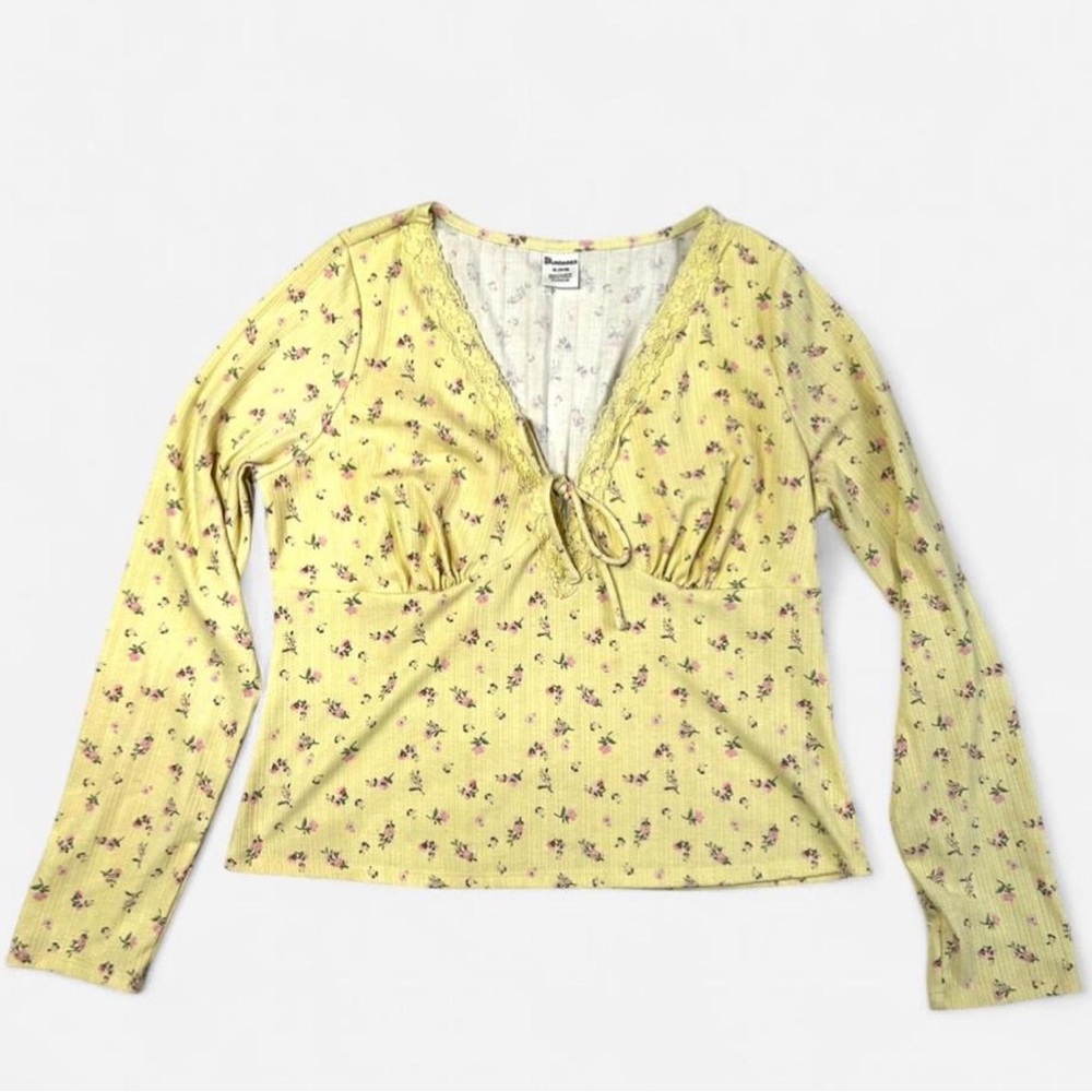 Butter Yellow Floral Lace Trim Tie Front Longsleeve Top,Spring Feminine Casual